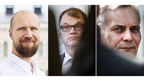 Vihreiden puheenjohtaja Touko Aalto (vas.), keskustan puheenjohtaja, pääministeri Juha Sipilä, Sdp:n puheenjohtaja Antti Rinne.