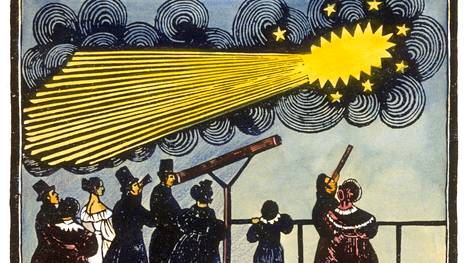 Tähtitiede on tärkeä tieteen kehityksessä. Piirros 1800-luvulta esittää ihmisiä ihmettelemässä komeettaa.
