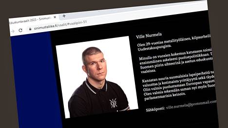 Eduskuntavaaliehdokas Ville Nurmelan esittely. Kuvakaappaus sinimustan liikkeen internetsivustolta. 