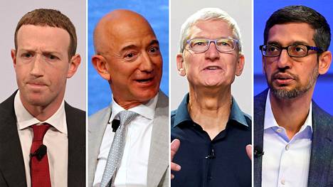Mark Zuckerberg (vas.), Jeff Bezos, Tim Cook ja Sundar Pichai.