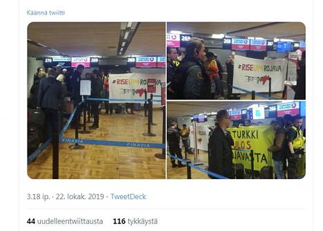 Turkish Airlines -lentoyhtiön vastaisesta mielenilmauksesta Helsinki-Vantaan lentoasemalla julkaistiin valokuvia Twitterissä. Ruutukaappaus Riseup4Rojava-tililtä.
