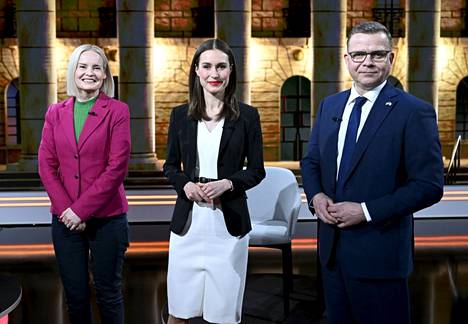 Puheenjohtaja Riikka Purra (ps), Sanna Marin (sd) ja Petteri Orpo (kok) MTV3:n vaalistudiossa.