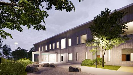 Havainnekuva uudesta Tiistilän koulusta. Siitä tulee Espoon ensimmäinen puurakenteinen koulurakennus.