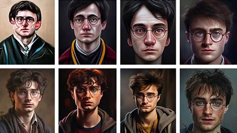 Tällaisia kuvia loihti tekoäly Midjourney eri aikoina, kun sitä pyydettiin sanallisesti tuottamaan kuva Harry Potterista. Vasemmalla ylhäällä kuva helmikuulta 2022, oikealla alhaalla joulukuulta 2023. 