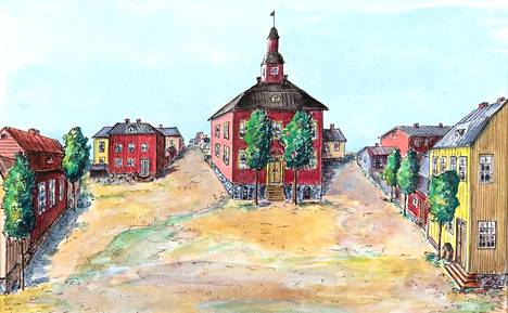 Näissä maisemissa myös Porin piirilääkäri Bengt Björnlund kulki virkaa toimittaessaan. Kuvassa on Porin raatihuoneentori ennen vuoden 1801 paloa. Raatihuone ja lähes 300 muuta rakennusta paloi, julkisista rakennuksista ainoastaan kirkko säilyi liekeiltä. 