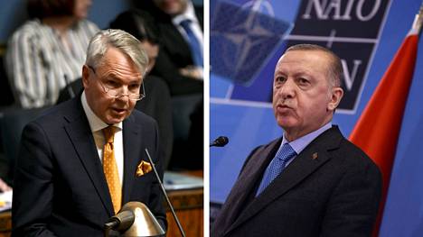 Suomen ulkoministeri Pekka Haavisto (vas.) ja Turkin presidentti Recep Tayyip Erdoğan