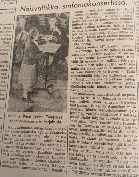 Aamulehti uutisoi Antonia Bricon vierailun Tampereella vuonna 1947.