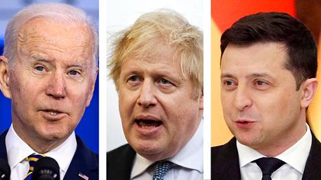 Yhdysvaltain presidentti Joe Biden, Britannian pääministeri Boris Johnson ja Ukrainan presidentti Volodymyr Zelenskyi.