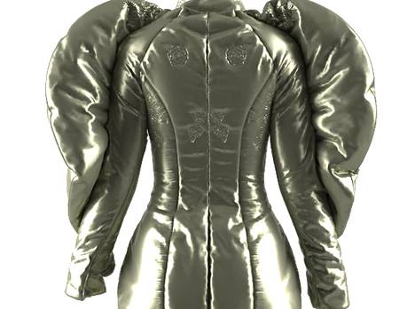 Sama takki digitoituna. NFT-muodossa myytävä kultainen takki on tehty Mert Otsamon MetaGarden-kokoelman takista.