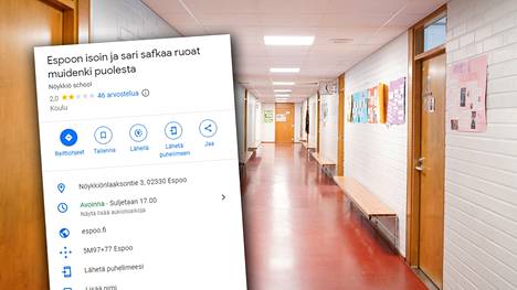 Google Maps tarjoaa espoolaiselle Nöykkiön koululle erikoista nimeä. Taustalla näkymää Nöykkiön koulun käytävälle.