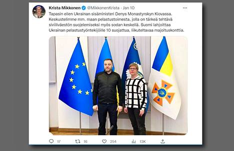 Kuvakaappaus sisäministeri Krista Mikkosen (vihr) Twitter-tililtä, jossa hän julkaisi postauksen tapaamisestaan Ukrainan sisäministeri Denys Monastyrskyin kanssa 9. tammikuuta.