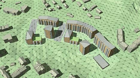 Massamalli näyttää, miten uudet talot sijoittuisivat kuvan keskellä olevan Aarrepuiston laidalle.