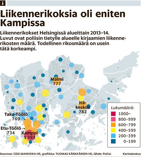 Helsingin liikennerikokset keskittyvät Kamppiin – kartta näyttää rikossumat  - Kaupunki 