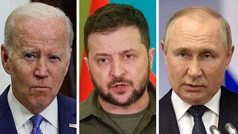Presidentit Joe Biden (vas.), Volodymyr Zelenskyi ja Vladimir Putin.