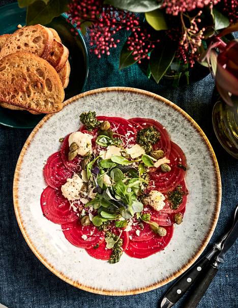 Root carpaccio and salsa verde is a vegetarian version of the Italian classic dish. 