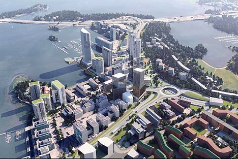 An illustration of what Keilaniemi might look like in the future.  The hotel planned for the Gulf in the filling area is not shown in the picture.