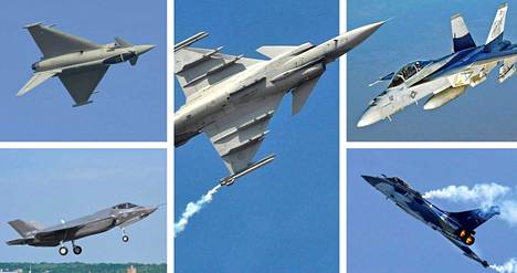 Hornetien seuraajiksi ovat ehdolla Eurofighter Typhoon (vas. ylh.), Saab Gripen E, Boeing F/A-18 Boeing F/A-18 Super Hornet Lockheed Martin F-35 (vas. alh.) ja Dassault Rafale.