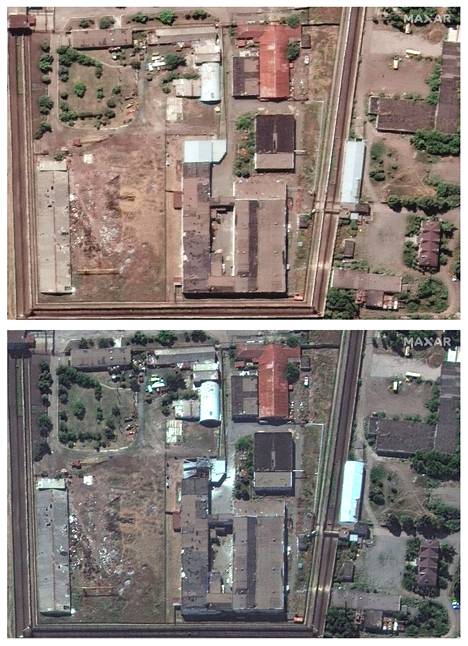Kuvaparissa ylempi satelliittikuva on otettu 27. heinäkuuta. Alempi, jossa näkyy vaurioitunut vankilarakennus, on otettu 30. heinäkuuta. Ylemmän kuvan keskiosassa oleva valkokattoinen siipi on yhä ehjä.