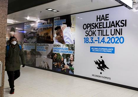 Korkeakoulujen yhteishaun mainos maaliskuussa Helsingissä.