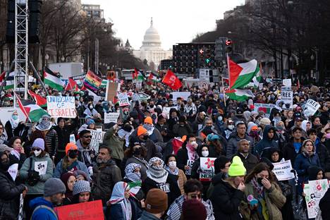 Thousands of protesters march for the Palestinians in Washington.