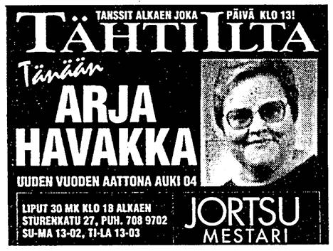 Ravintola Jortsumestarin ilmoitus Helsingin Sanomissa 31.12.1995.