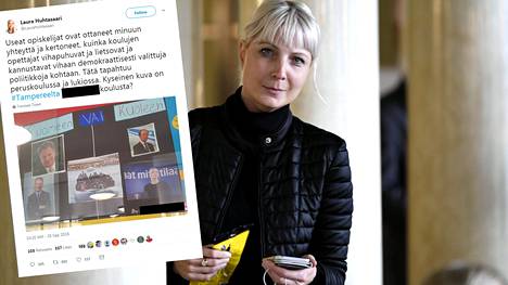 Perussuomalaisten kansanedustaja Laura Huhtasaari twiittasi koululaisten tekemän julisteen.