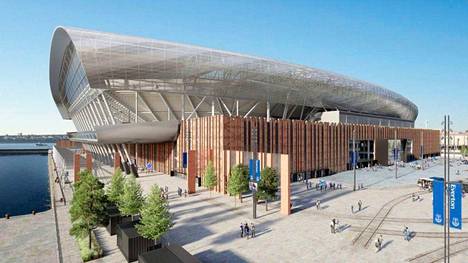 Liverpooliin rakennettavan Everton FC:n uuden stadionin havainnekuva. Unescon mukaan stadion osaltaan vie Liverpoolin historiallista arvoa. 