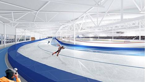 Myllypuron jääurheilukeskuksessa pikaluisteluradan keskellä olisi kaksi kaukaloa, joissa voisi harrastaa taitoluistelua, muodostelmaluistelua ja kaukalopikaluistelua. Havainnekuva sisätiloista.