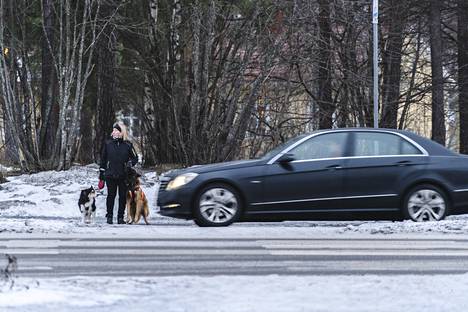 Jaana Suominen ylittämässä Kaskentietä suojatietä pitkin. Hän oli jäädä samaisessa paikassa auton alle tiistaina. 