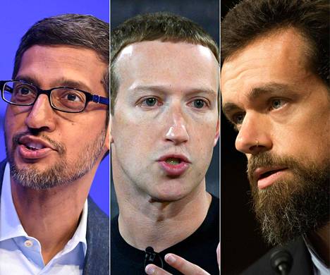 Alphabetin toimitusjohtaja Sundar Pichai, Facebookin perustaja Mark Zuckerberg ja Twitterin toimitusjohtaja Jack Dorsey.