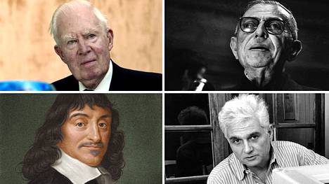 Akateemikko Georg Henrik von Wright (ylhäällä vas.), Jean-Paul Sartre, Rene Descartes ja Jacques Derrida.