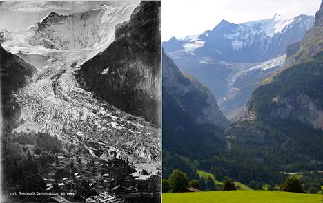 Sveitsiläisen Grindelwaldin jäätikköalueen sulaminen näkyy selkeästi vertaamalla vuosina 1865 ja 2019 otettuja kuvia.