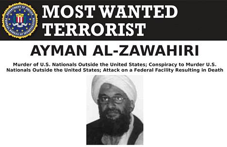 Yhdysvaltain liittovaltion poliisin julkaisema etsintäkuulutus Al-Zawahirista.