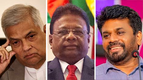 Sri Lankan pääministeri Ranil Wickremesinghe (vas.), entinen opetusministeri Dullas Alahapperuma ja vasemmistojohtaja Anura Dissanayake ovat ehdolla maan presidentiksi.