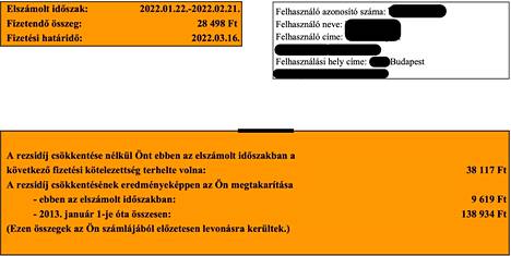 The gas bill for an apartment in Budapest has a calculation added by the Orbán administration on the orange background about how much money will be saved due to their bill reduction policy.  In this case, the discount is about 26 euros.