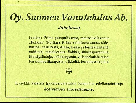 The advertisement of Suomen Vanutehdas in the telephone directory of 1930 in Hyvinkää and the surrounding area lists the factory's products.  Photo: Collection of the Tuusula Museum