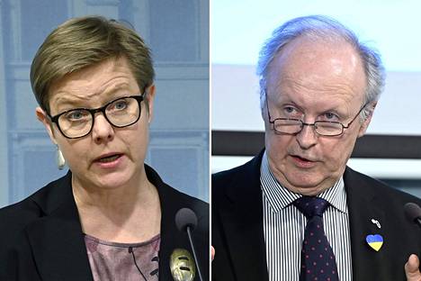 Sisäministeri Krista Mikkonen (vihr) ja perhe- ja peruspalveluministeri Aki Lindén (sd) puhuivat tiistaina rahapelipoliittista ohjelmaa esittelevässä tiedotustilaisuudessa.