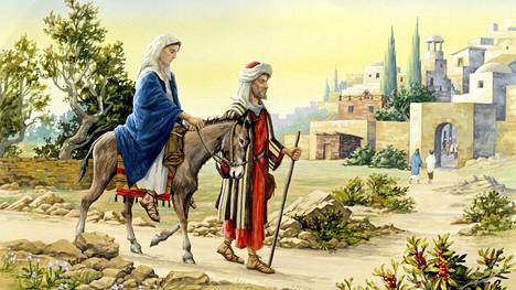 Joosef ja Maria matkaavat Luukkaan evankeliumissa verollepantaviksi.