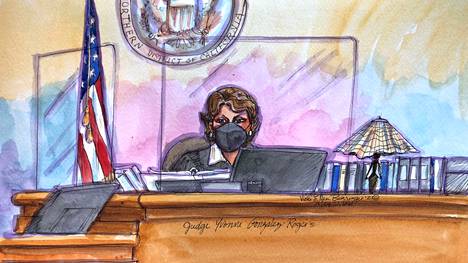 Epic–Apple-jutun tuomari Yvonne Gonzalez Rogers piirretynä 21.5. istunnossa Oaklandin oikeussalissa Kaliforniassa.