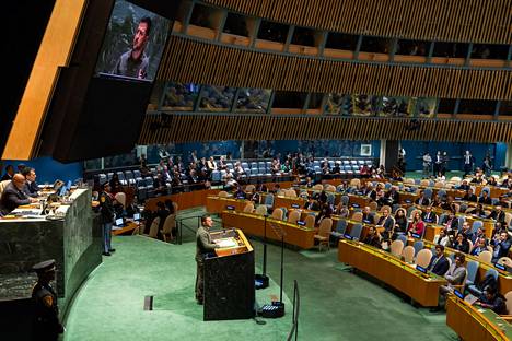 Ukrainian President Volodymyr Zelenskyi gave a speech at the UN General Assembly in New York on Tuesday.