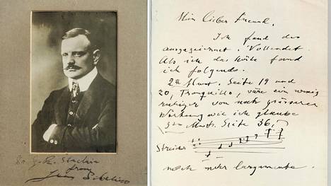 Jean Sibeliuksen valokuva omistuskirjoituksella sekä tärkeä kirje levytuottaja Walter Leggelle. Kirje sisältää neljännen sinfonian levytysohjeita 1. helmikuuta 1935.