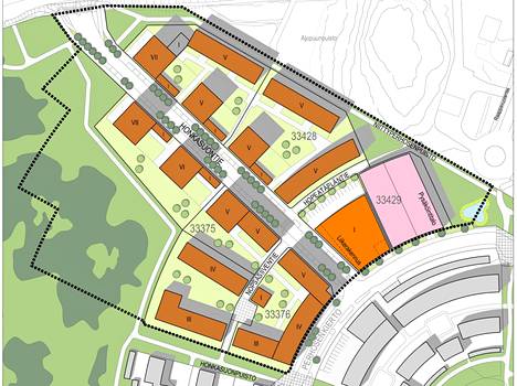 Helsingin kaupunginvaltuustossa hyväksytyssä kaavassa on kyse tulevan Honkasuontien varteen rakentuvista uusista taloista. Oranssilla merkityt alueet kuvaavat uutta rakentamista. 