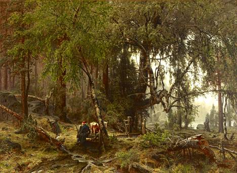 Werner Holmbergin maalaus Metsä sadeilmalla (1859) on lainattu näyttelyyn presidentinlinnasta.