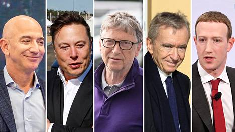 Jeff Bezos, Elon Musk, Bill Gates, Bernard Arnault ja Mark Zuckerberg ovat maailman rikkaimmat ihmiset.
