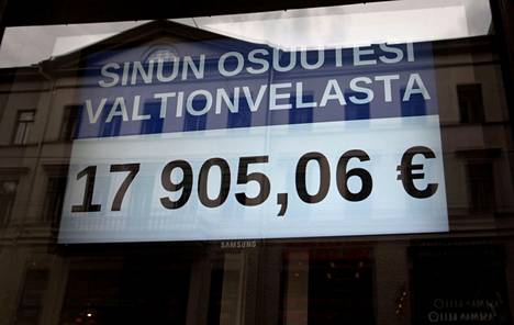 Tältä näytti velkakello WTC-talon ikkunassa Helsingissä vuonna 2015.