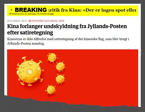 Jyllands-Postenin päätoimittaja Jacob Nybroe sanoo, ettei lehti aio pyytää Kiinalta anteeksi. Kuvassa Jyllands Postenin verkkosivu.