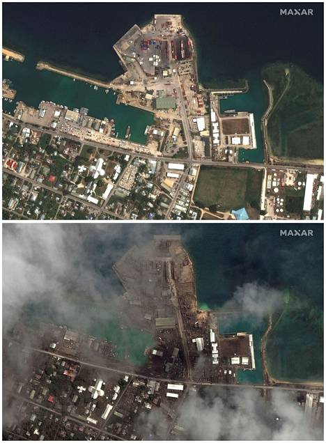 A pair of pictures show a change in the port area of ​​Nuku'alofa, the capital of Tonga.  The first picture was taken on December 29, the second picture is from Tuesday.  Nuku'alofa is located on the main island of Tonga, Tongatapu, which is about 60 km from the erupted volcano.