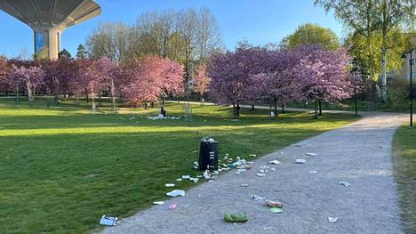 Roihuvuoren Kirsikkapuistoon oli viikonlopun jäljiltä jäänyt runsaasti roskia.