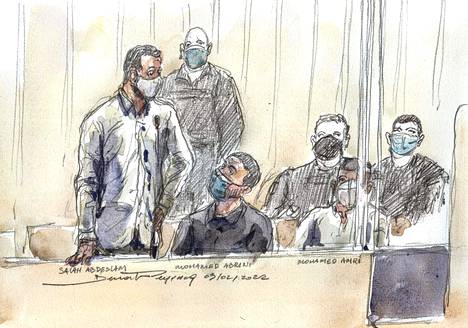 Salah Abdeslam ja 13 muuta marraskuun 2015 Pariisin terrori-iskuista syytettyä vastasivat kysymyksiin oikeudenkäynnissä Pariisissa keskiviikkona 9. helmikuuta. Kuvassa paikalla olleen piirtäjän näkemys oikeudenkäynnistä.