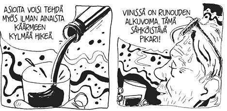 Arvo Turtiainen ja Henrik Tikkanen matkustavat ja keskustelevat Aapo Kukon sarjakuvassa.